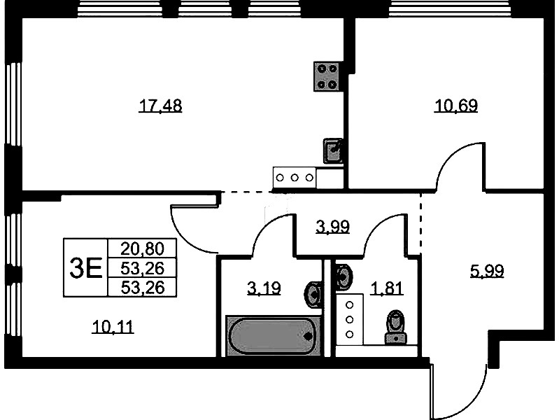 2-комнатная квартира 53.26 м², 10/11 эт., ЖК «Новое Колпино»